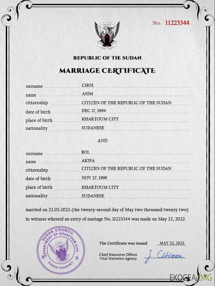 Modèle PSD de certificat de mariage au Soudan